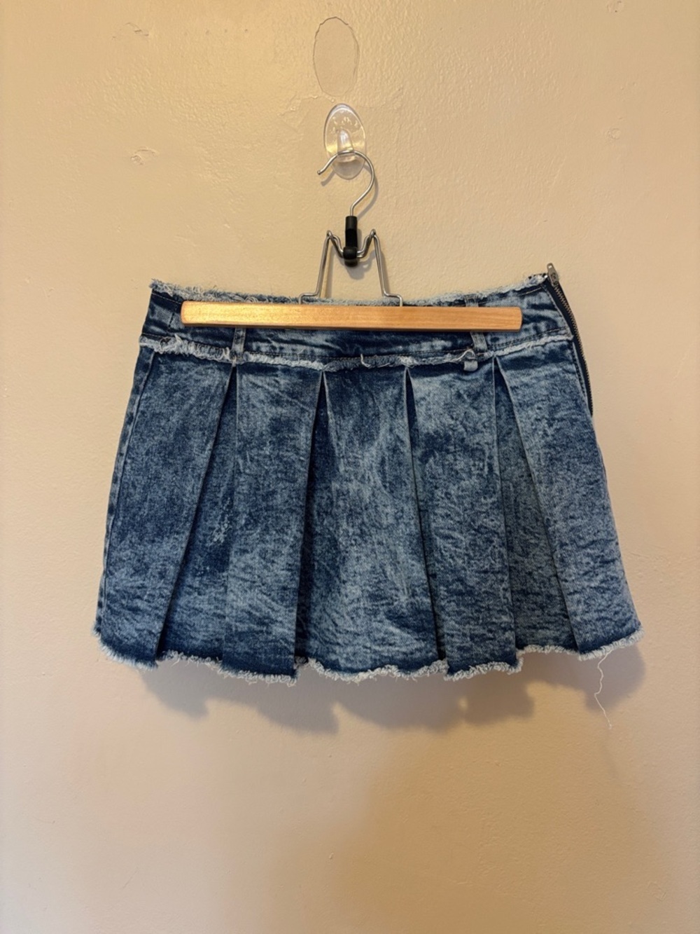 Tractr Distressed Washed Blue Pleated Denim Mini Skirt
